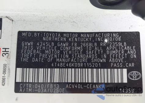 2009 Toyota Camry Le from USA, damaged, VIN 4T4BE46K09R115201